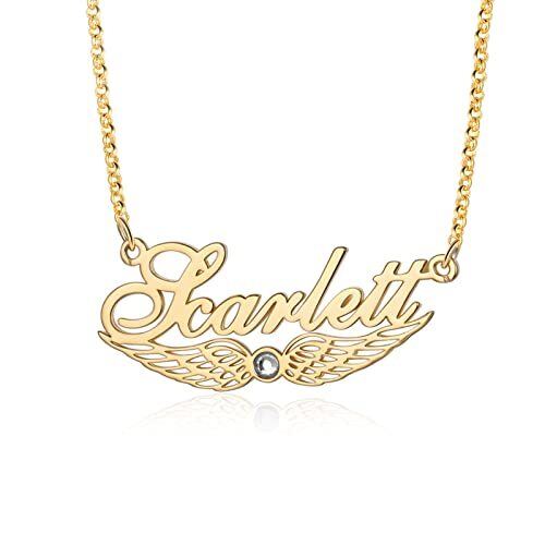 Sterling Silver Angel Wing Customized Birthstone Classic Name Pendant Necklace For Women-1