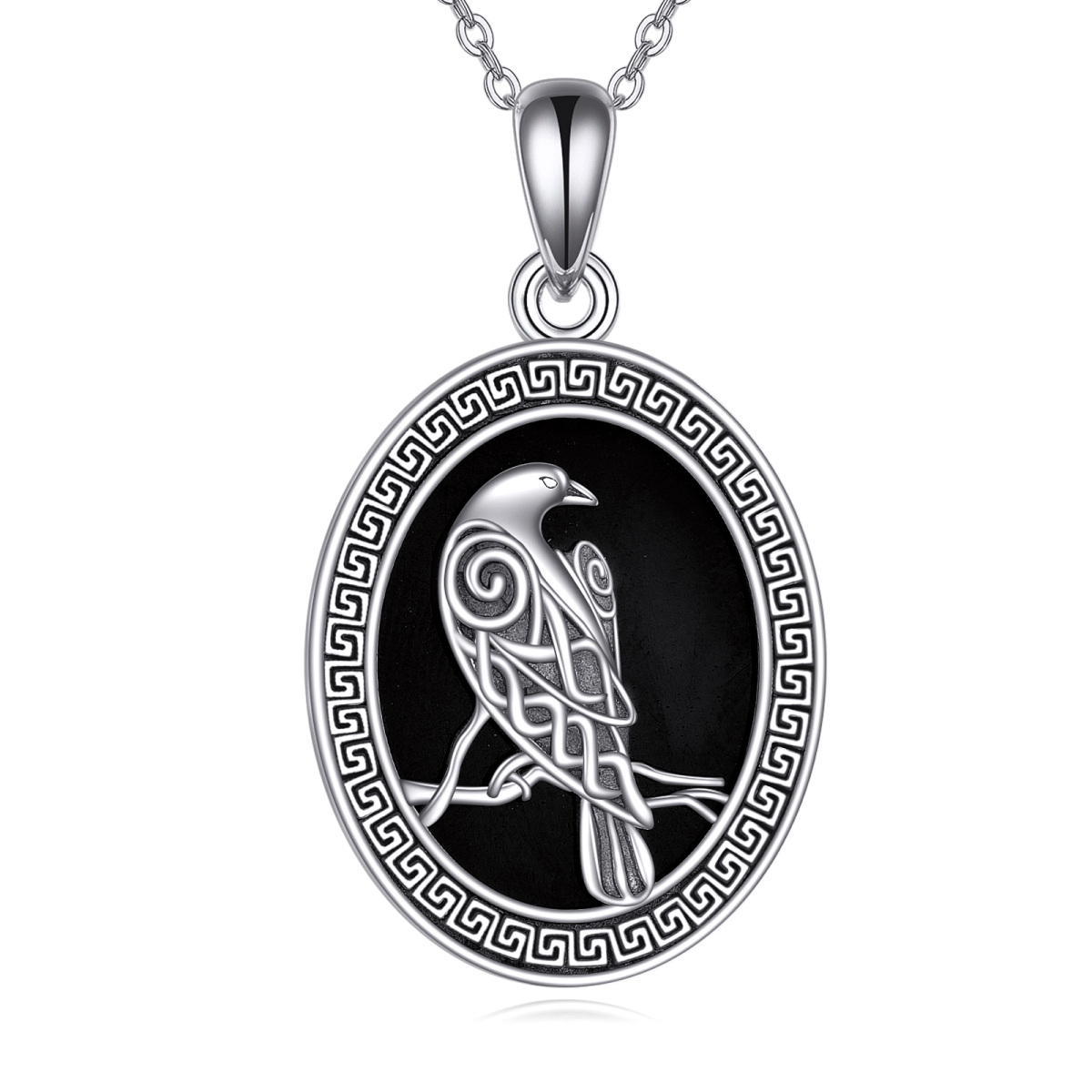 Sterling Silver Black Agate Crow Pendant Necklace-1