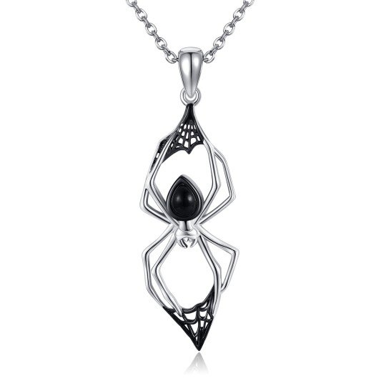 Sterling Silver Black Agate Spider Pendant Necklace