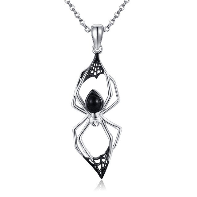 Sterling Silver Black Agate Spider Pendant Necklace-1