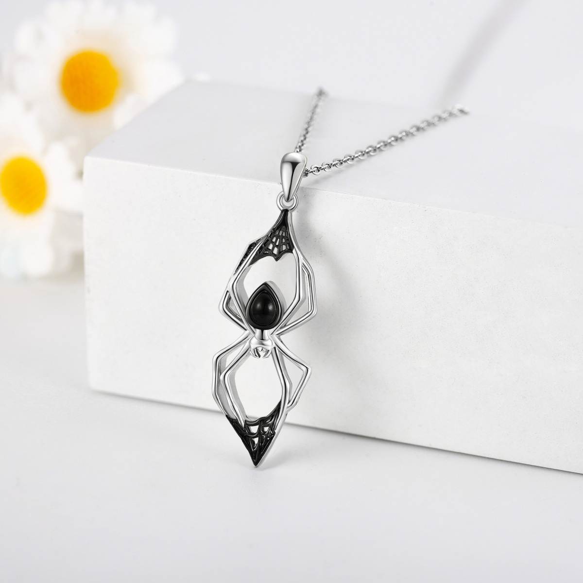 Sterling Silver Black Agate Spider Pendant Necklace-3