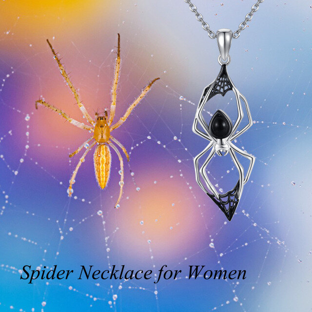 Sterling Silver Black Agate Spider Pendant Necklace-6