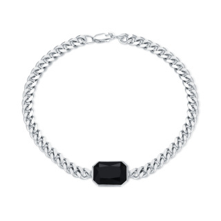 Sterling Silver Black Agate Square Charm Cuban Chain Bracelet for Men-18