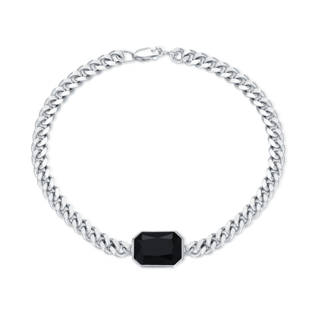 Sterling Silver Black Agate Square Charm Cuban Chain Bracelet for Men