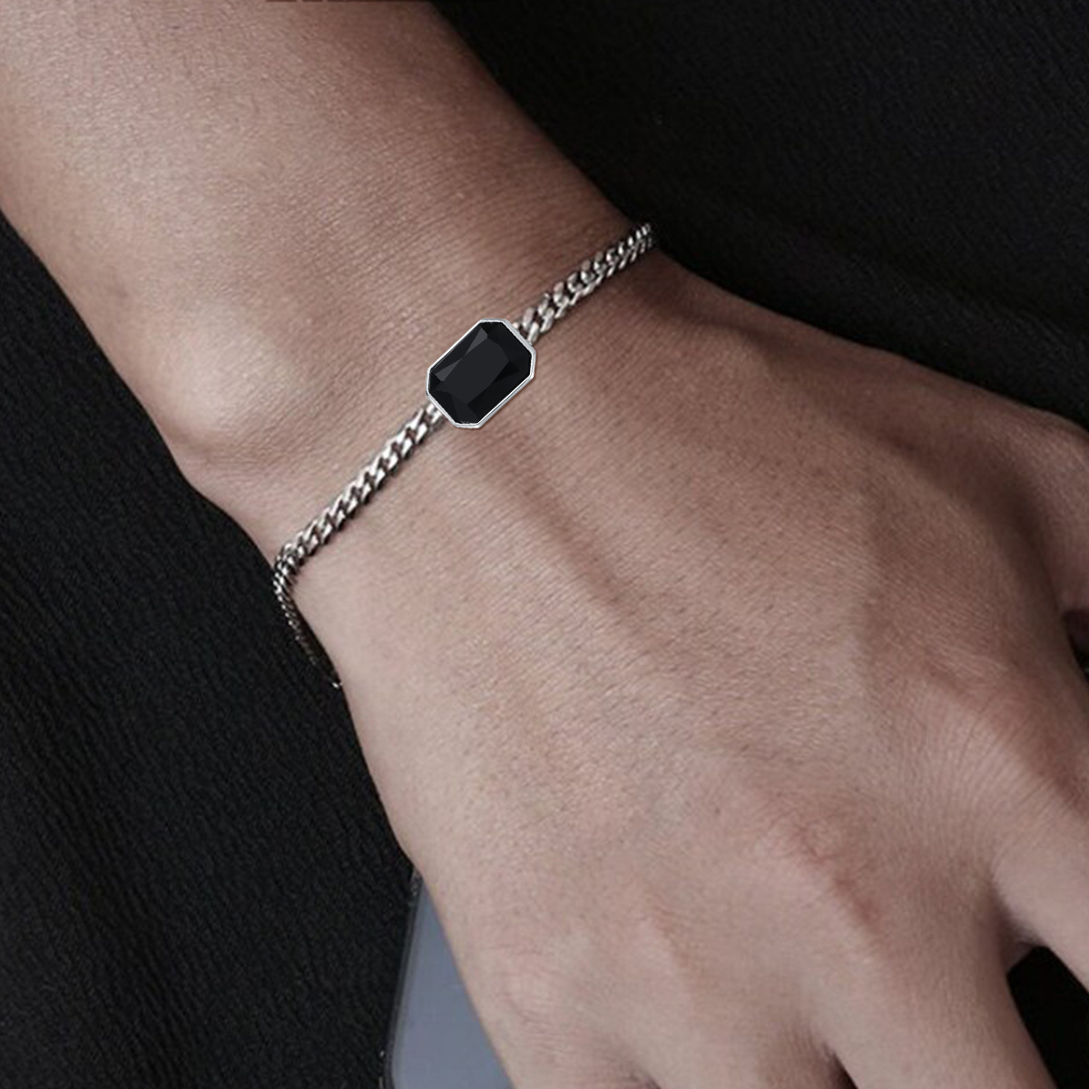 Pulsera de cadena cubana con colgante cuadrado de ágata negra de plata de ley para hombre-2