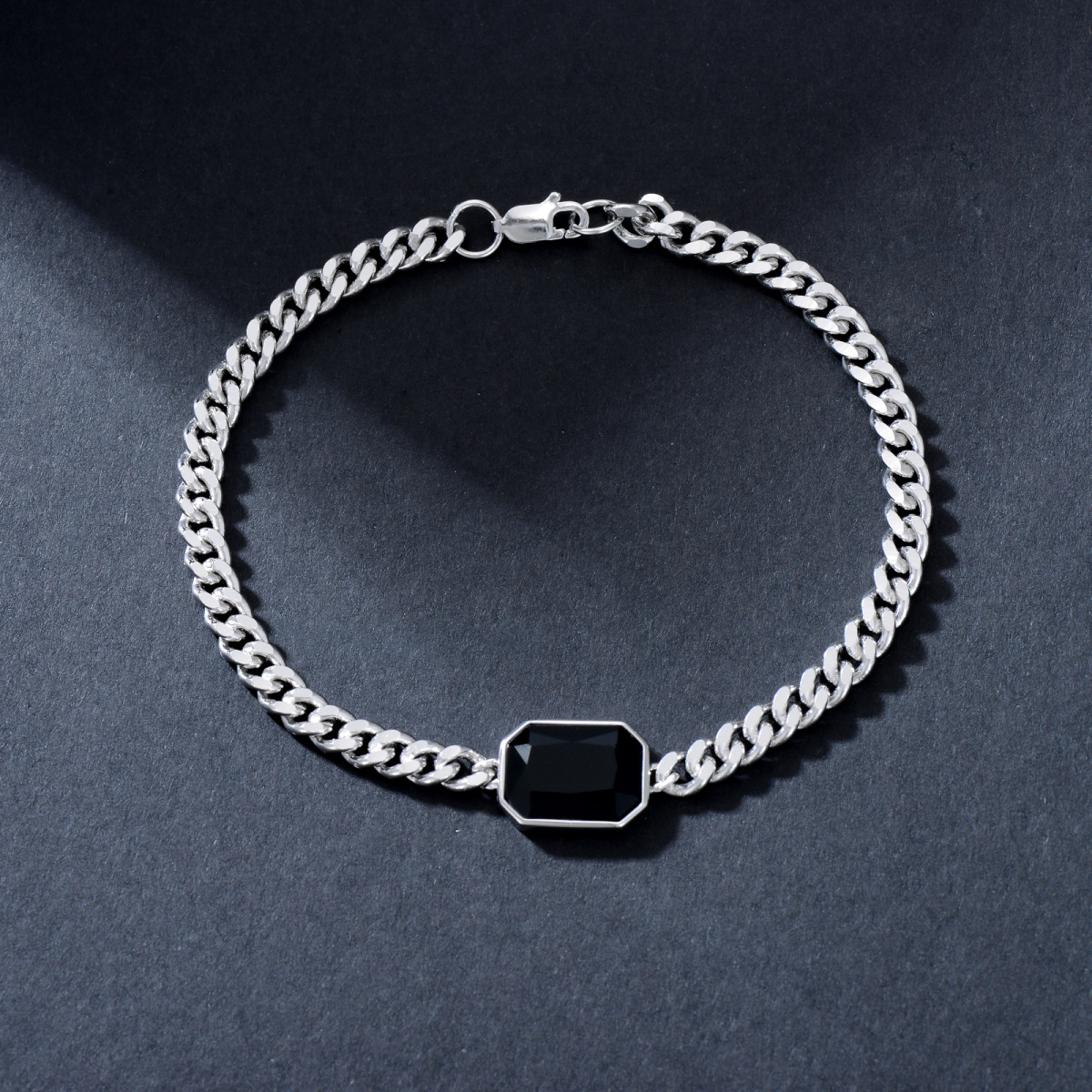 Pulsera de cadena cubana con colgante cuadrado de ágata negra de plata de ley para hombre-5