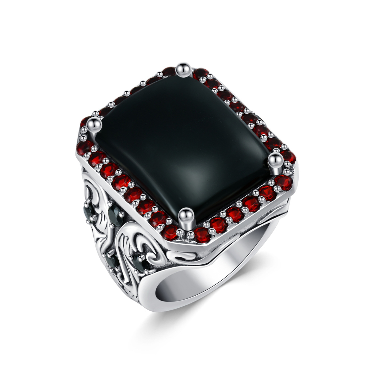 Bague chevalière carrée en argent sterling en agate noire pour hommes-1