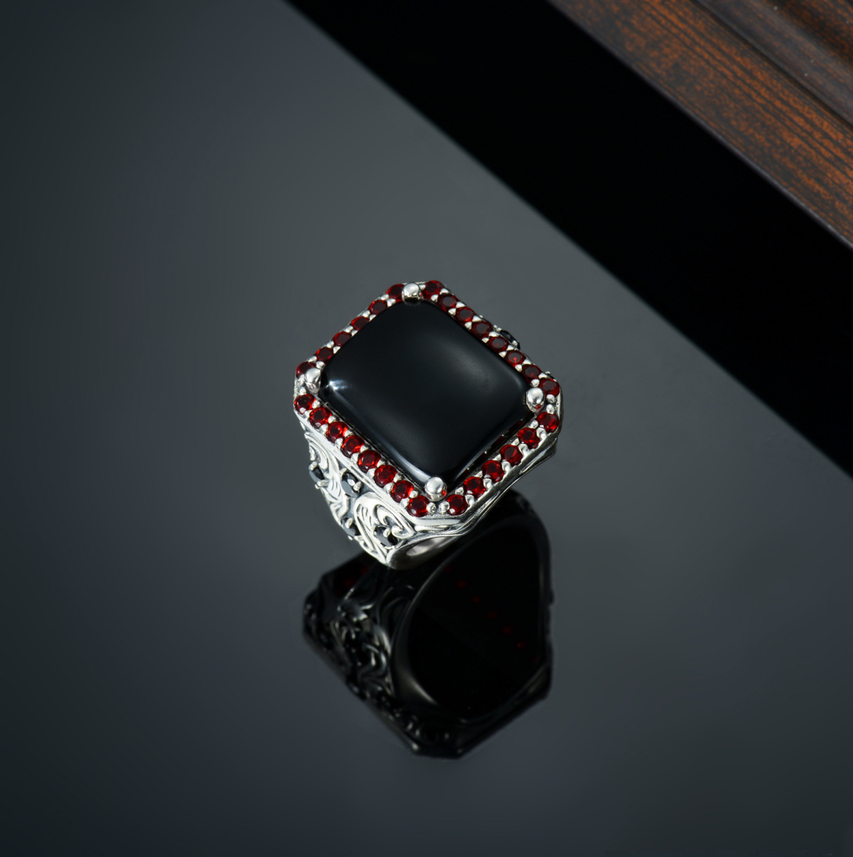 Anello Signet quadrato di agata nera in argento sterling per uomo-4