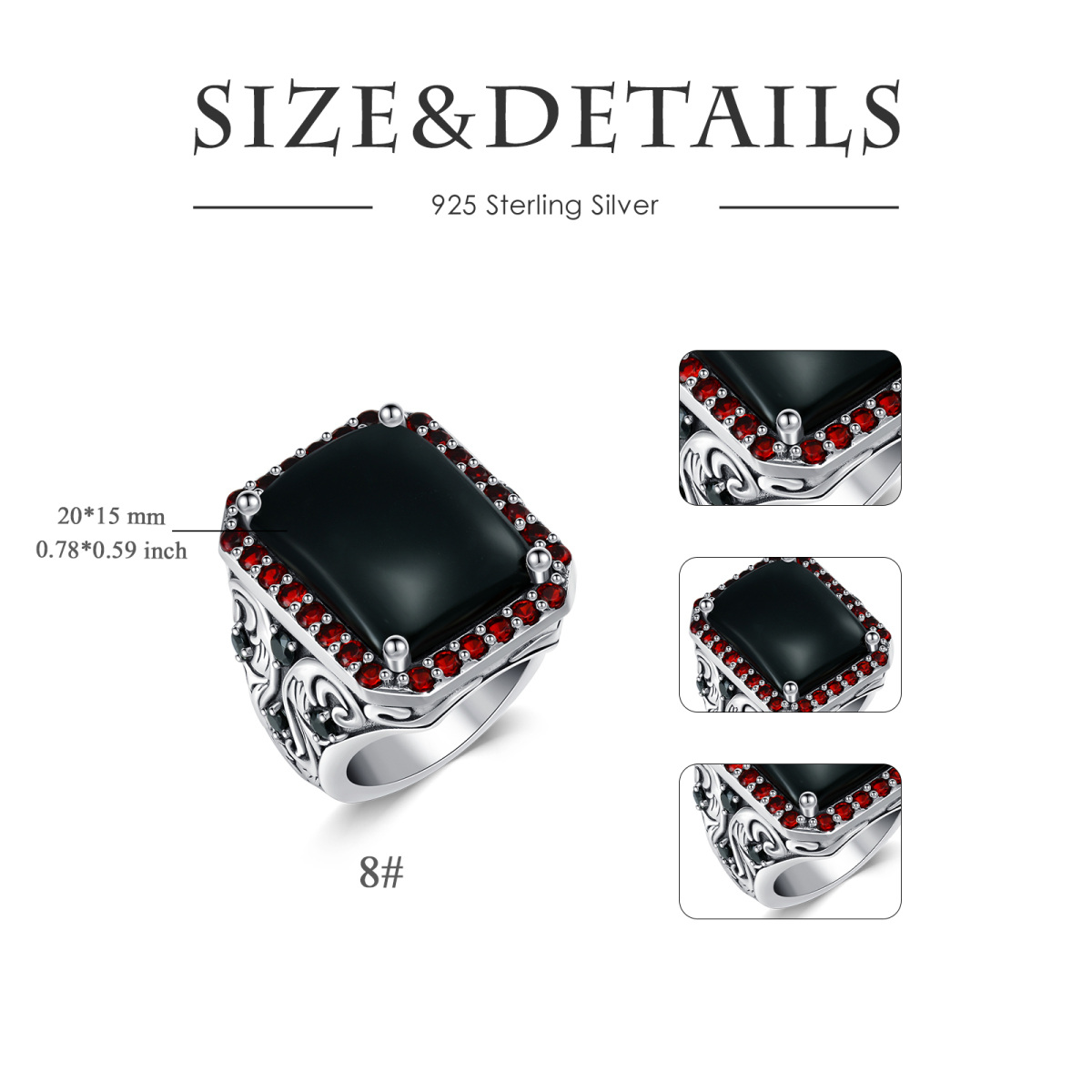 Sterling Silver Black Agate Square Signet Ring for Men-5