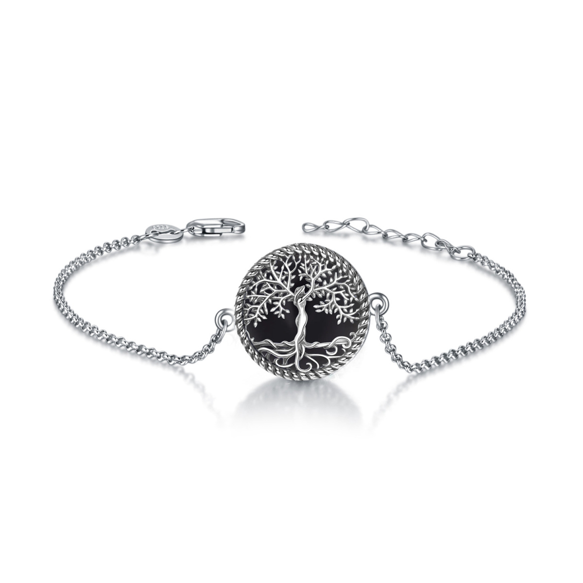 Pulsera con colgante de árbol de la vida de ágata negra de plata de ley-1