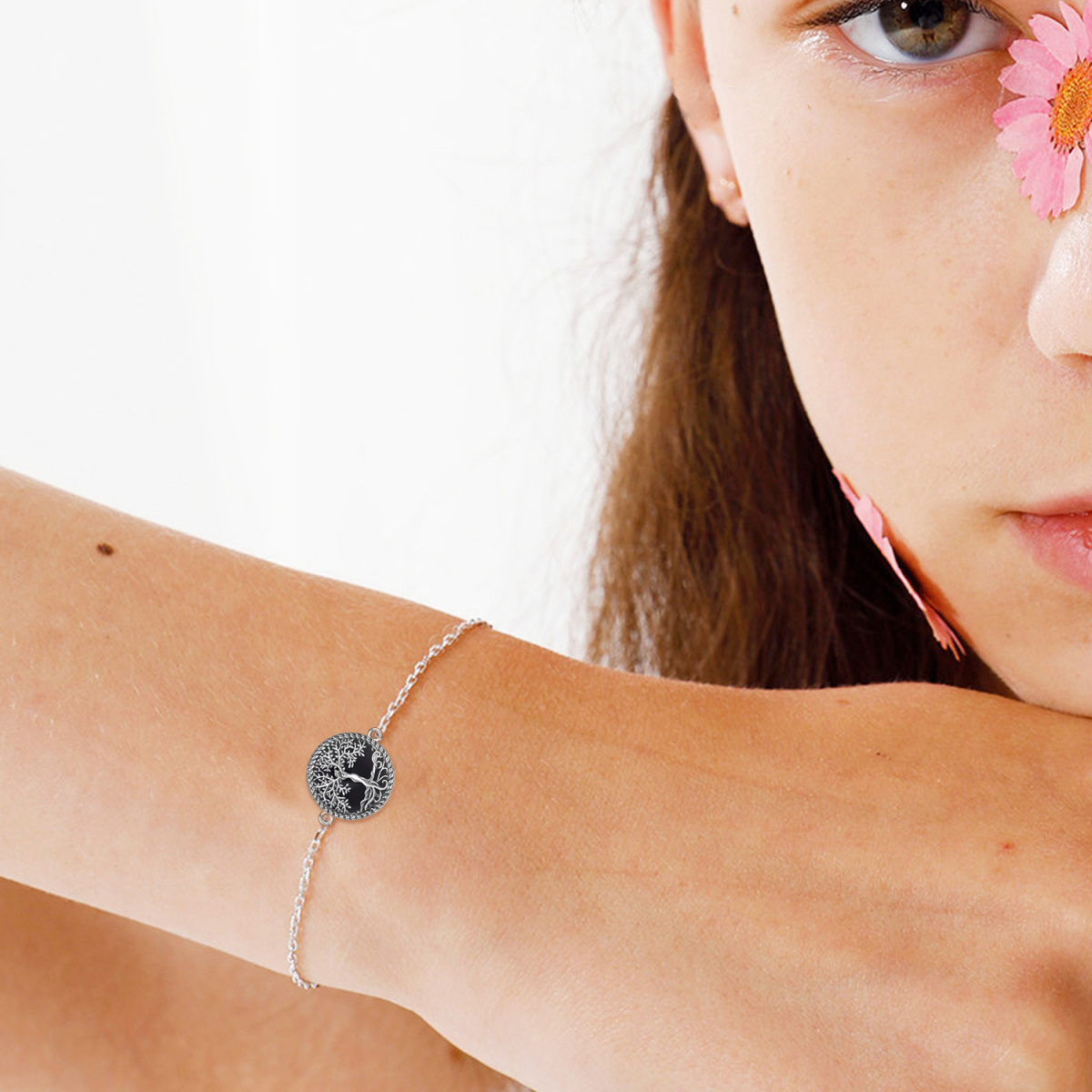 Pulsera con colgante de árbol de la vida de ágata negra de plata de ley-2