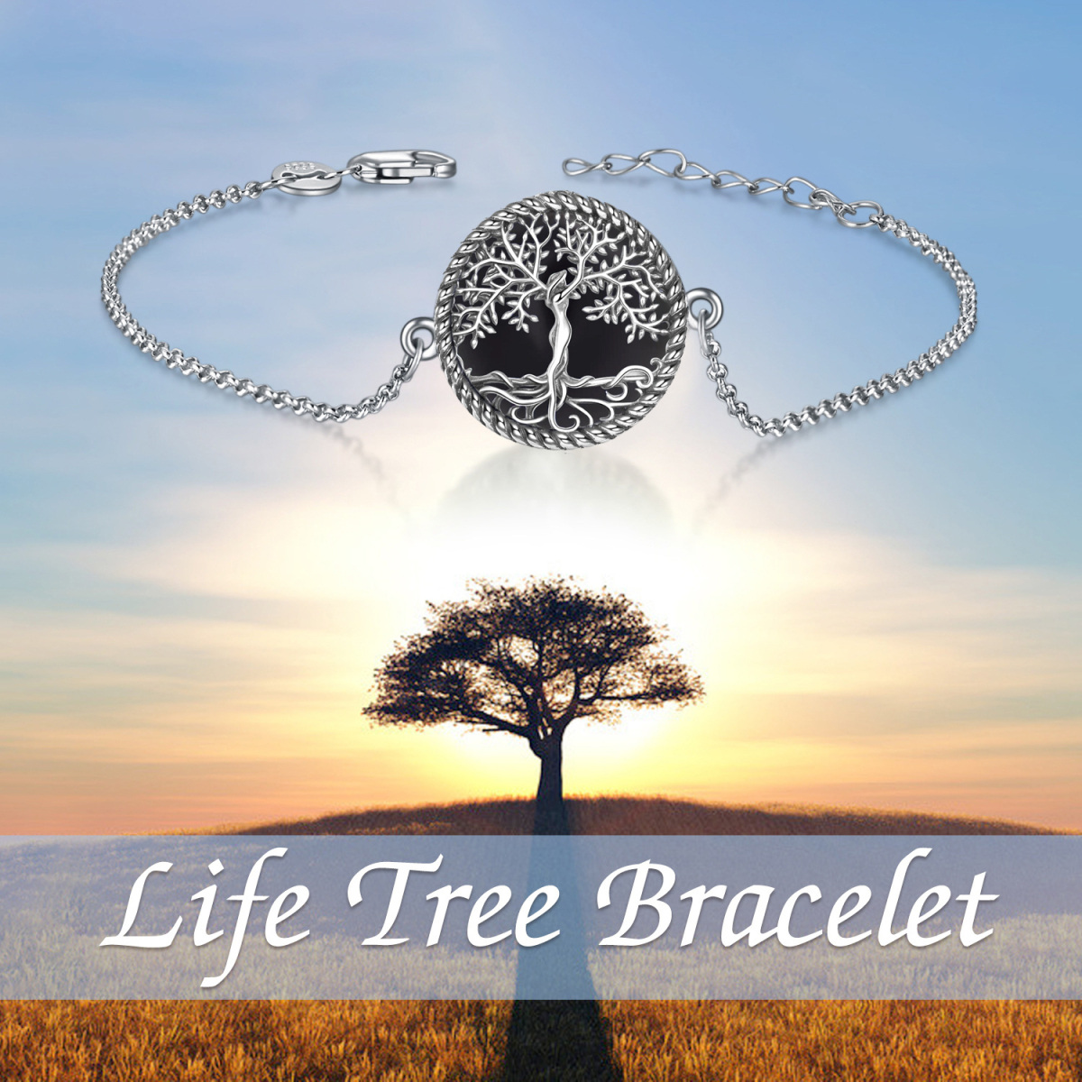 Bracelet pendentif arbre de vie en agate noire en argent sterling-6