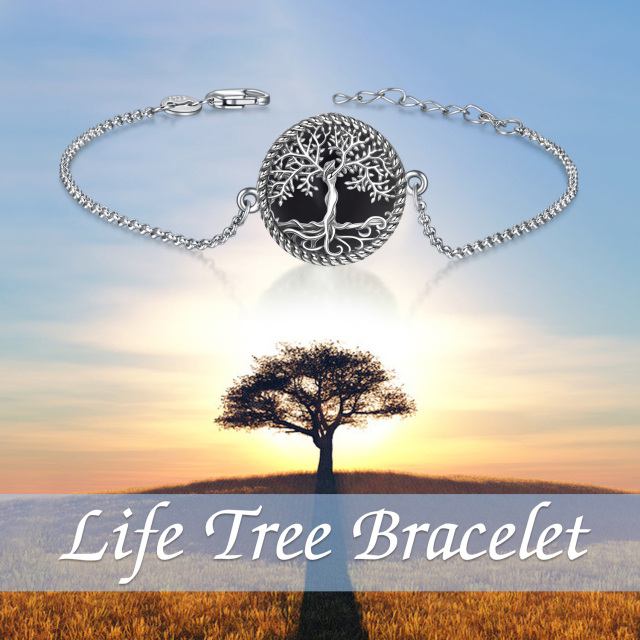 Sterling Silver Black Agate Tree Of Life Pendant Bracelet-6