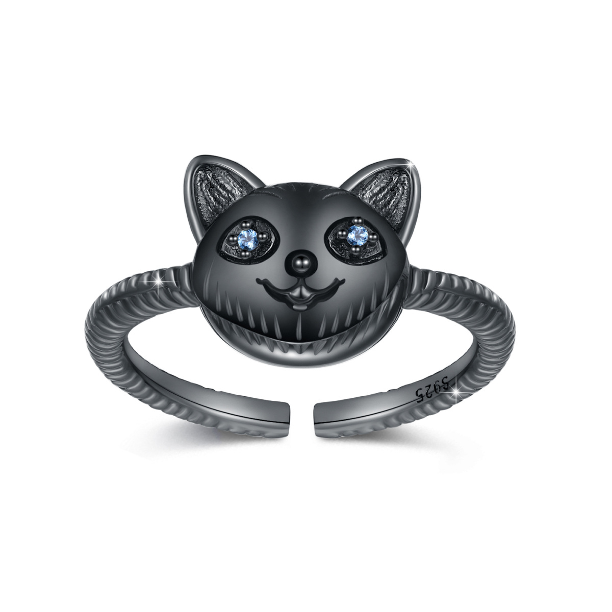 Bague ouverte chat en argent sterling avec zircone cubique plaquée noire-1