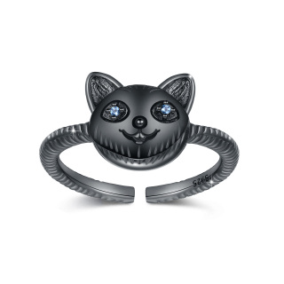 Sterling Silver with Black Plated Cubic Zirconia Cat Open Ring-29