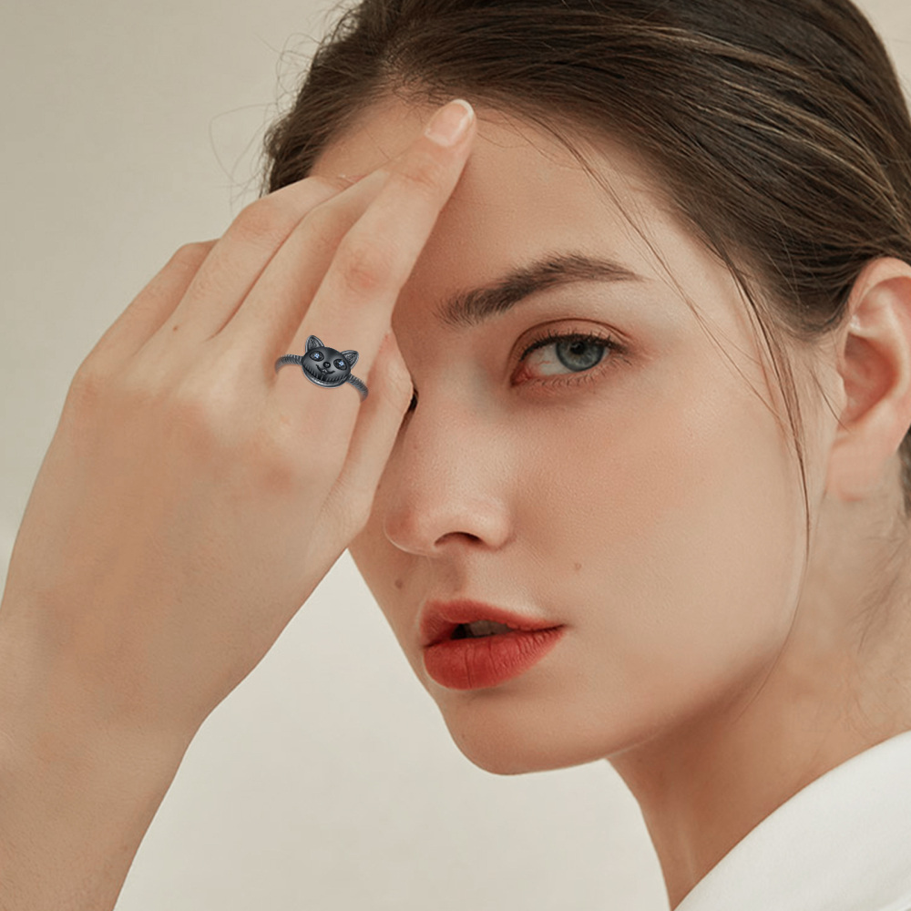 Anello aperto con gatto in argento sterling e placcatura nera-2