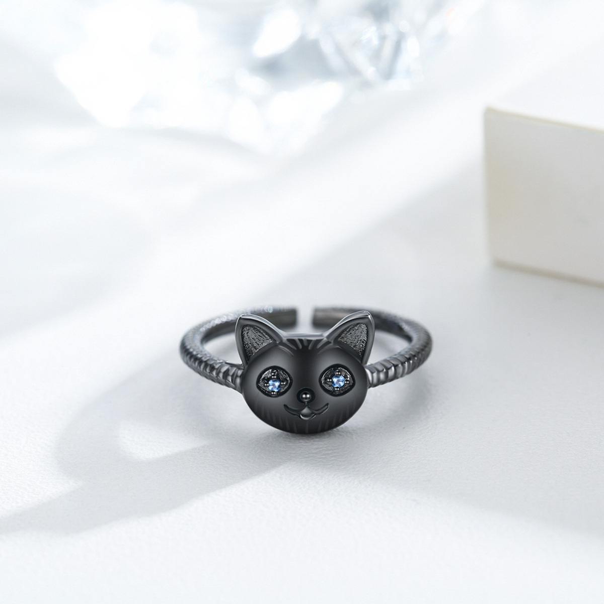 Sterling Silver with Black Plated Cubic Zirconia Cat Open Ring-3