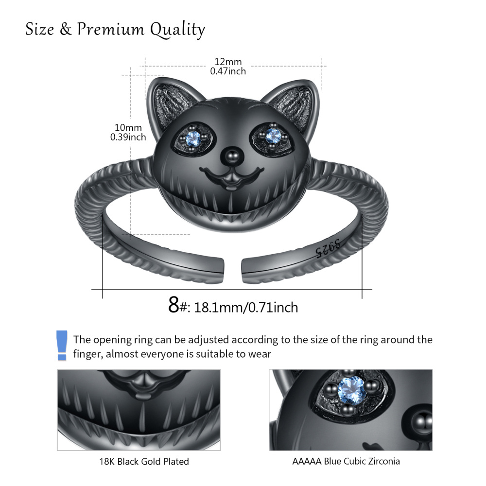 Anello aperto con gatto in argento sterling e placcatura nera-4