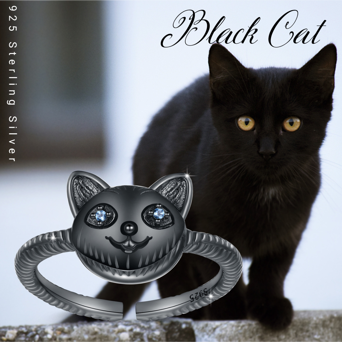 Bague ouverte chat en argent sterling avec zircone cubique plaquée noire-5