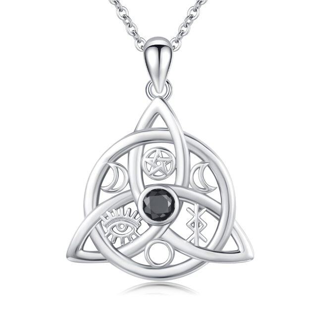 Sterling Silver Black Cubic Zirconia Celtic Knot Pendant Necklace for Women-1