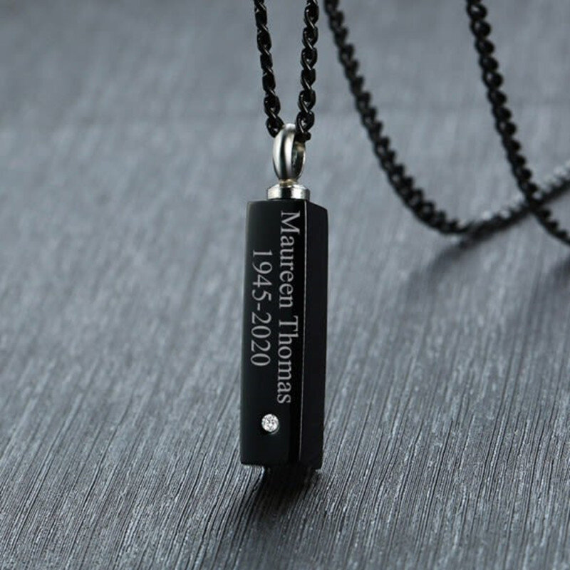 Collana in argento sterling con zirconi circolari placcati neri, nome classico personalizzato con collana con urna a barra per ceneri da uomo-3