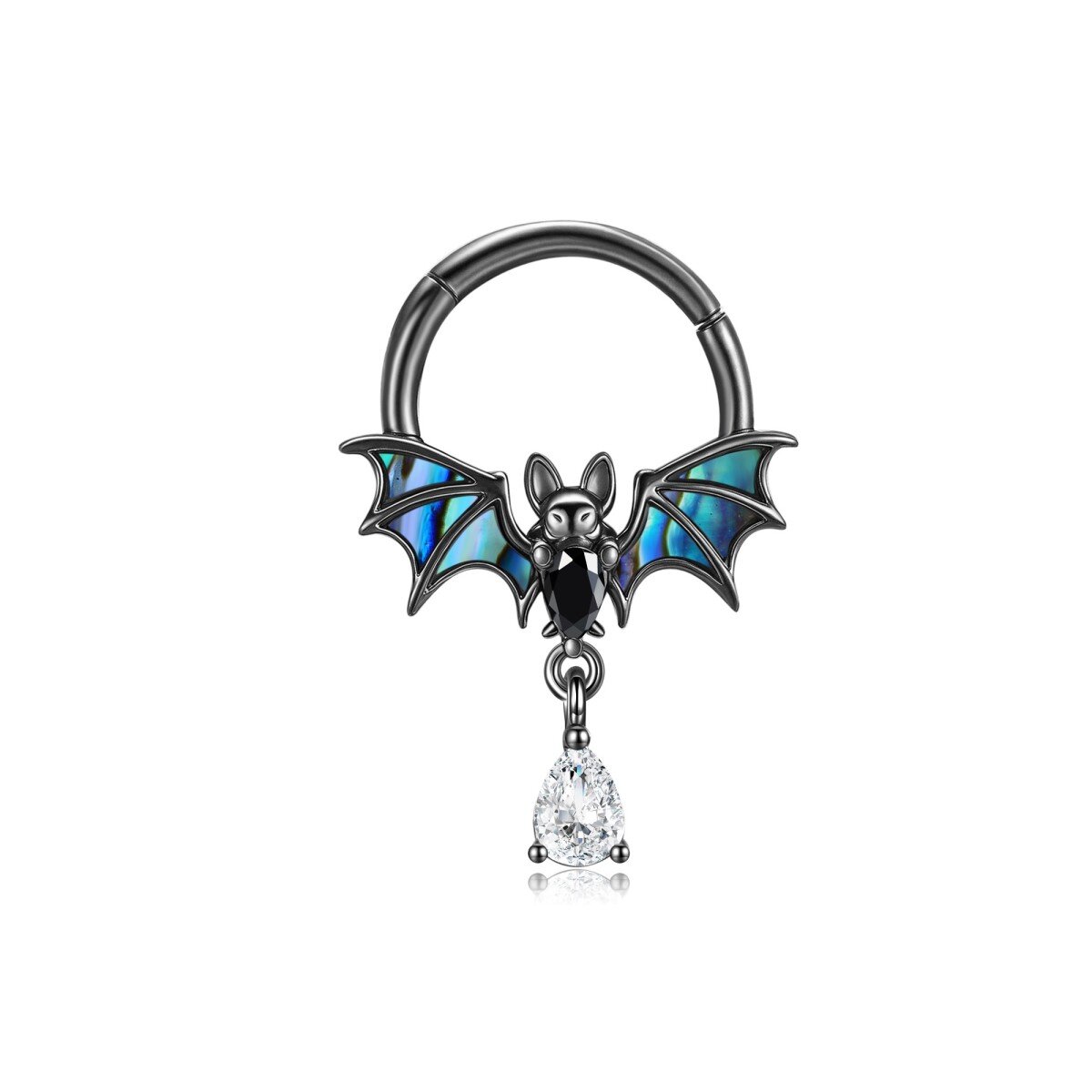 Anillo nasal de murciélago con abulón y concha de mar en plata de ley bañado en negro-1