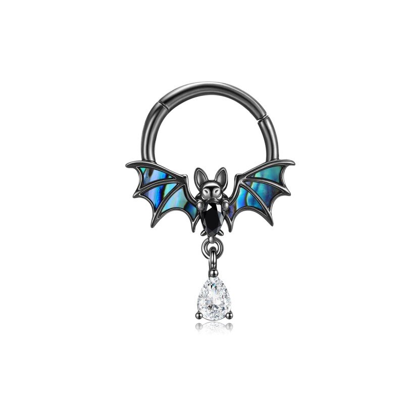 Sterling Silver with Black Color Plated Abalone Shellfish Bat Nose Ring-4
