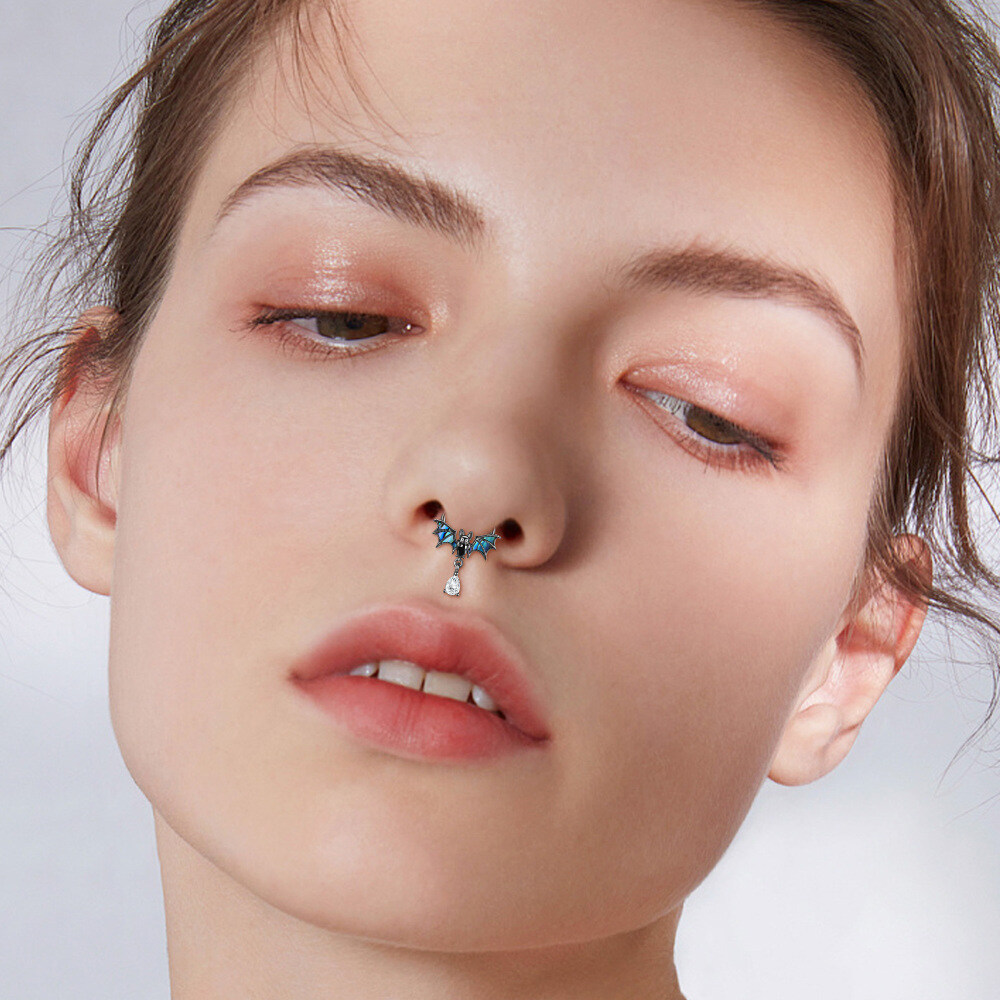 Sterling Silver with Black Color Plated Abalone Shellfish Bat Nose Ring-2