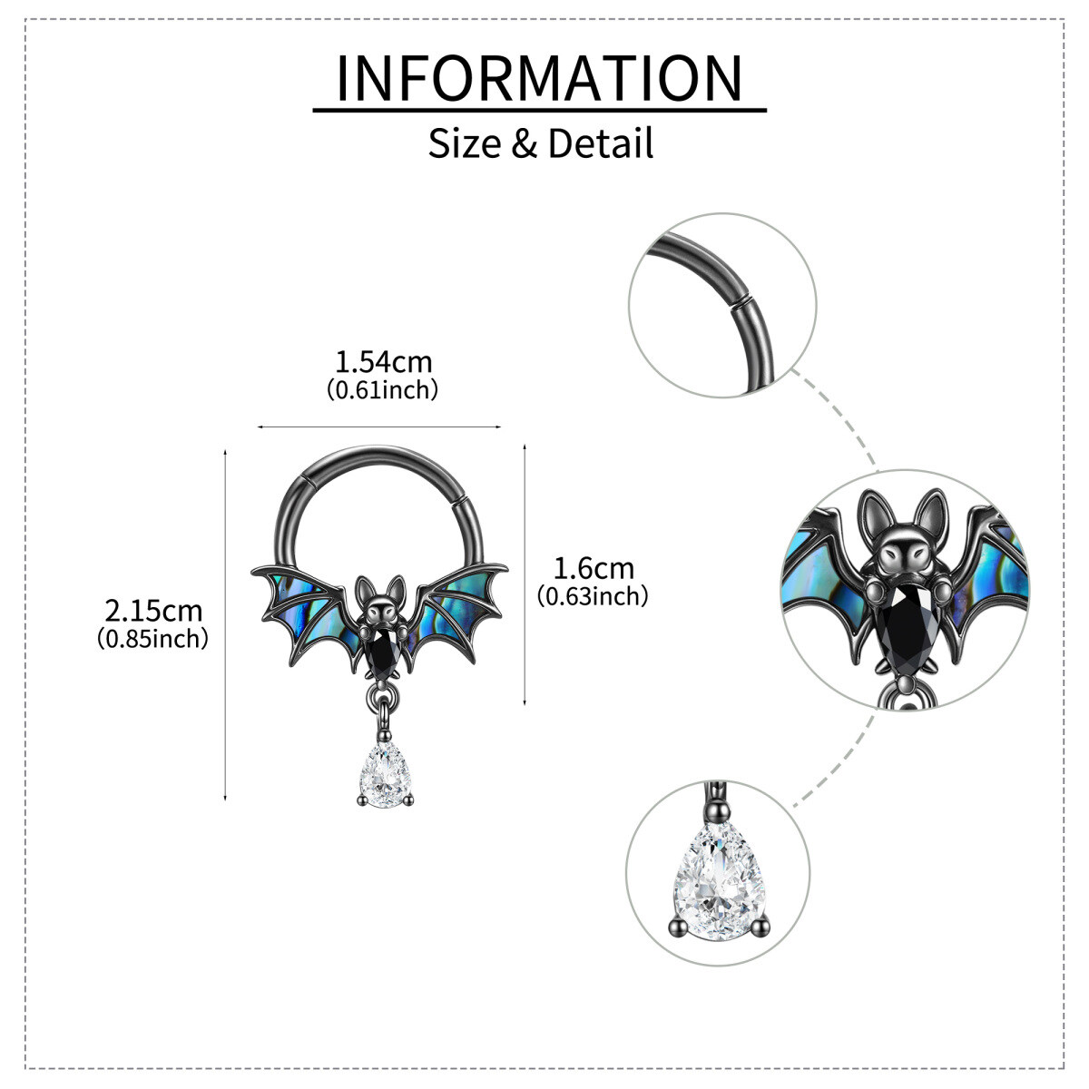 Anillo nasal de murciélago con abulón y concha de mar en plata de ley bañado en negro-5