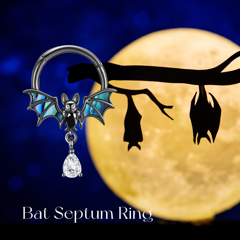 Sterling Silver with Black Color Plated Abalone Shellfish Bat Nose Ring-6