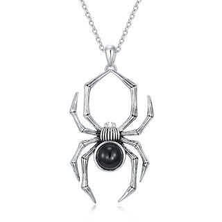 Sterling Silver with Black Color Plated Agate Spider Pendant Necklace-3