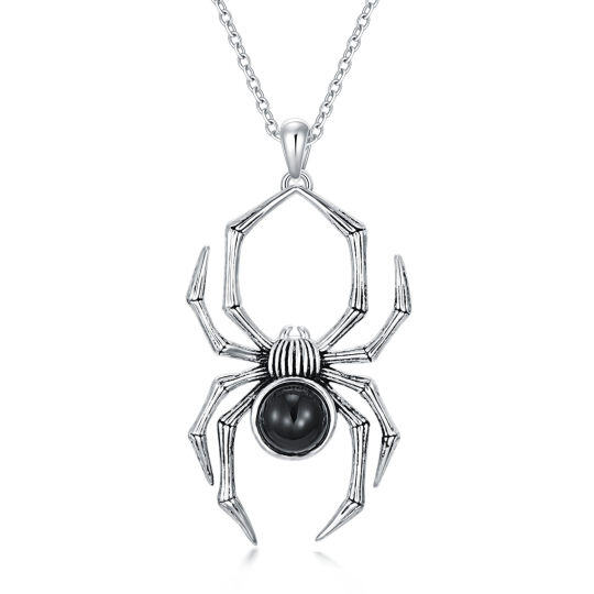 Sterling Silver with Black Color Plated Agate Spider Pendant Necklace