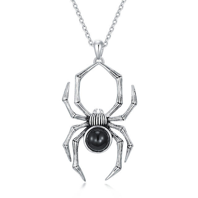 Sterling Silver with Black Color Plated Agate Spider Pendant Necklace-1