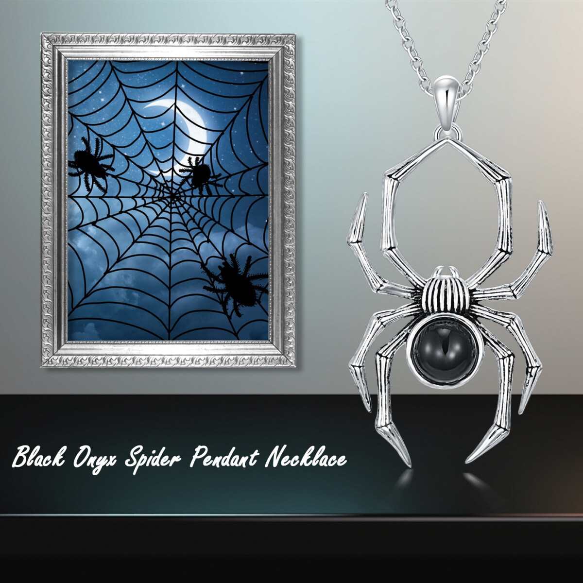 Sterling Silver with Black Color Plated Agate Spider Pendant Necklace-6