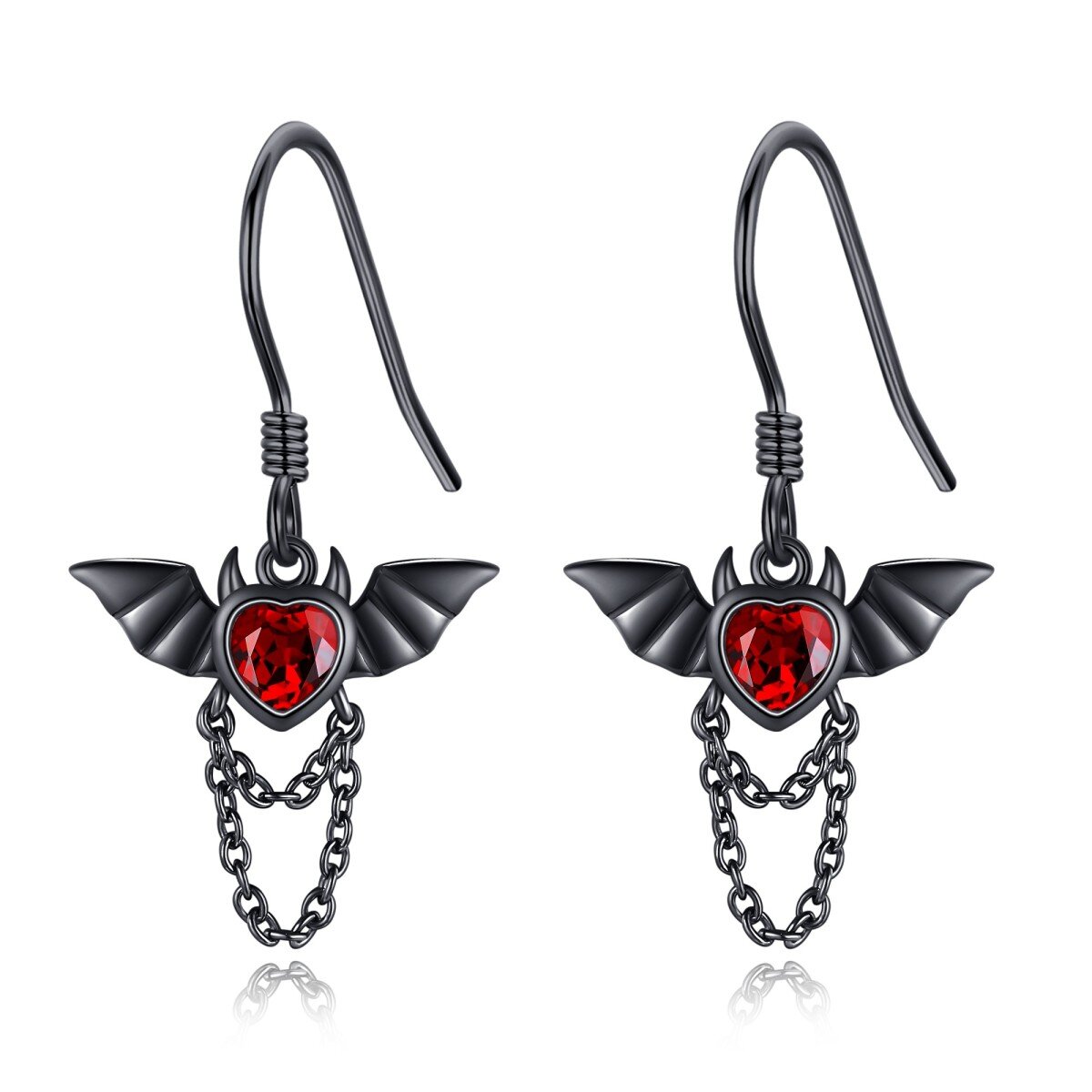 Sterling Silver with Black Color Plated Cubic Zirconia Bat Drop Earrings-1