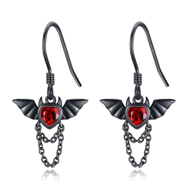 Sterling Silver with Black Color Plated Cubic Zirconia Bat Drop Earrings-2