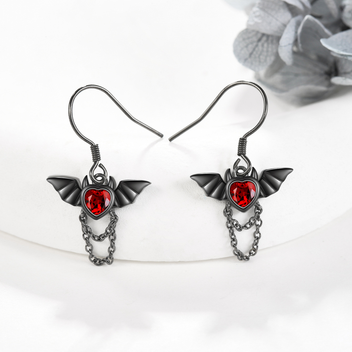 Sterling Silver with Black Color Plated Cubic Zirconia Bat Drop Earrings-3