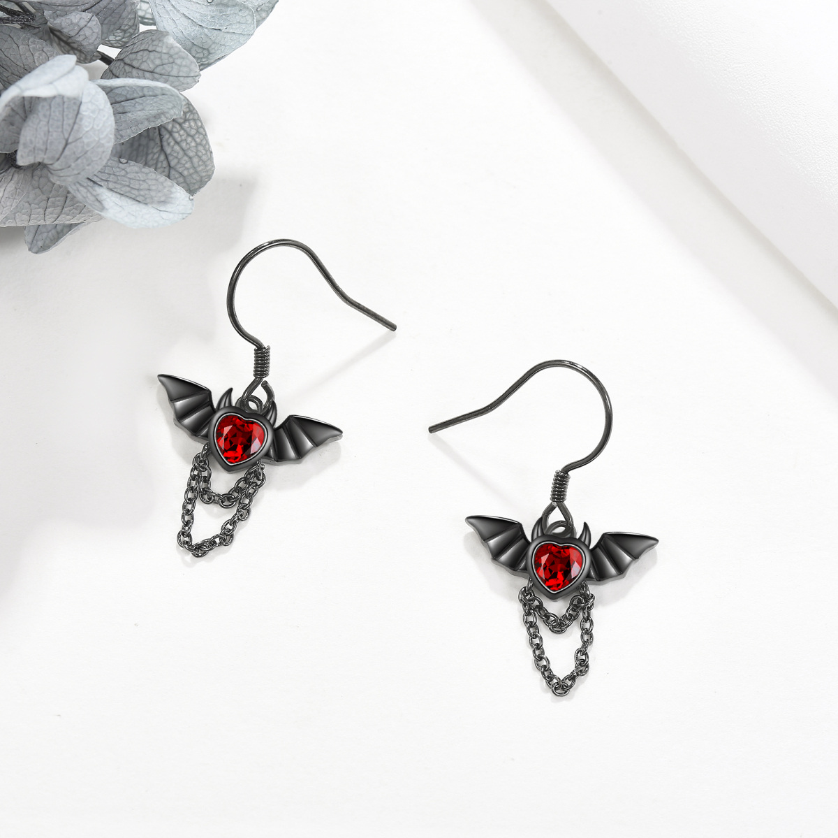 Sterling Silver with Black Color Plated Cubic Zirconia Bat Drop Earrings-4