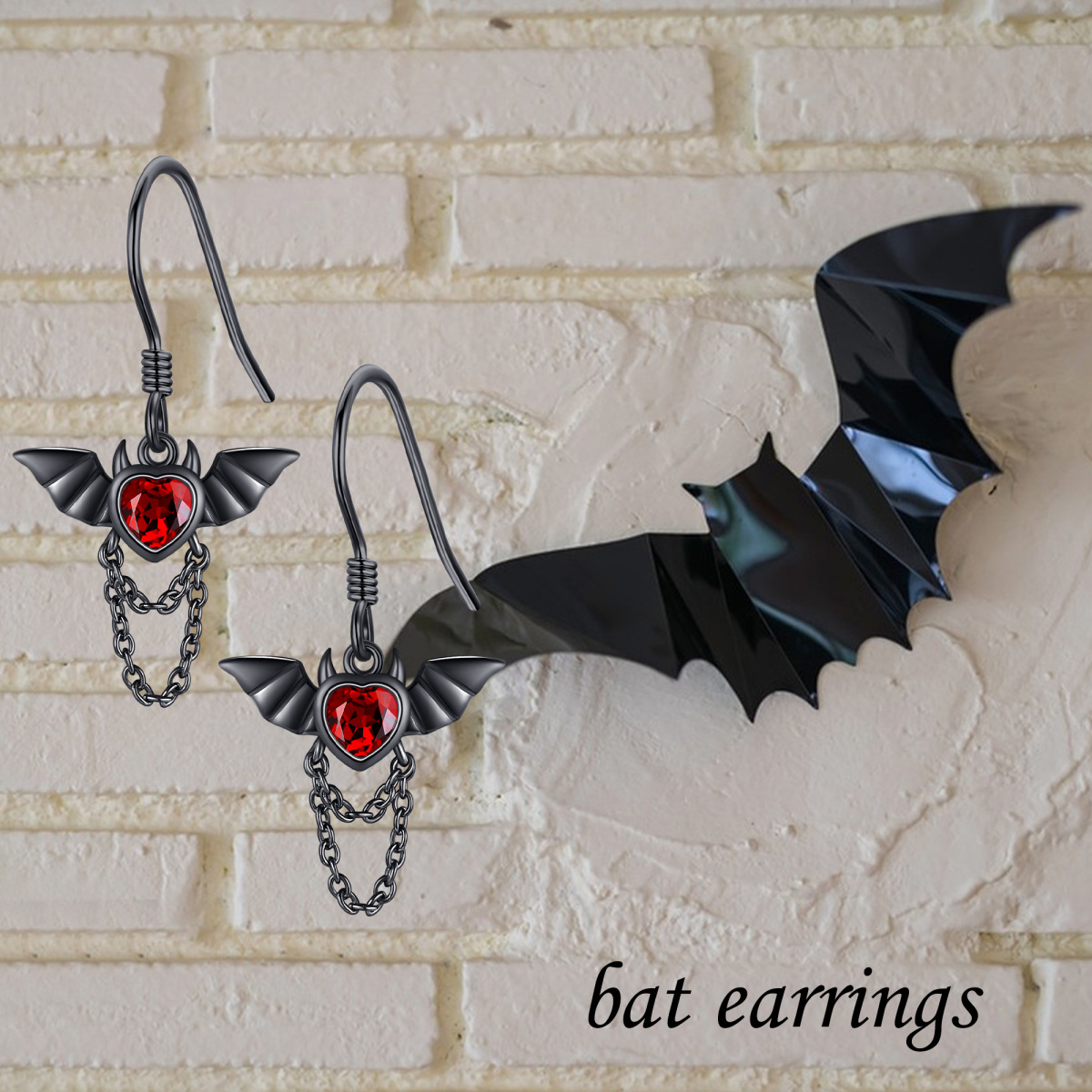 Sterling Silver with Black Color Plated Cubic Zirconia Bat Drop Earrings-6