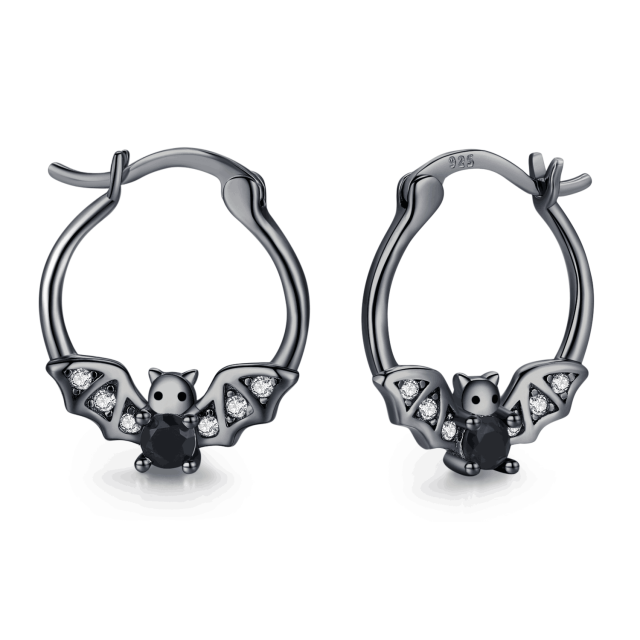 Sterling Silver with Black Color Cubic Zirconia Bat Hoop Earrings