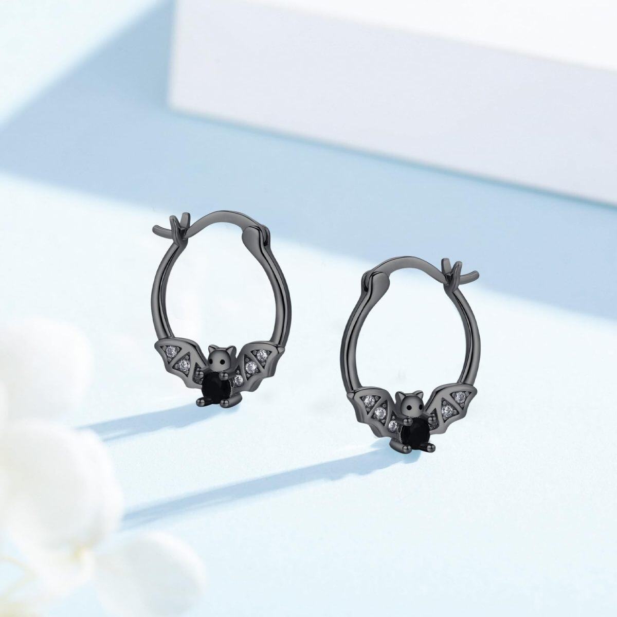 Sterling Silver with Black Color Cubic Zirconia Bat Hoop Earrings-4