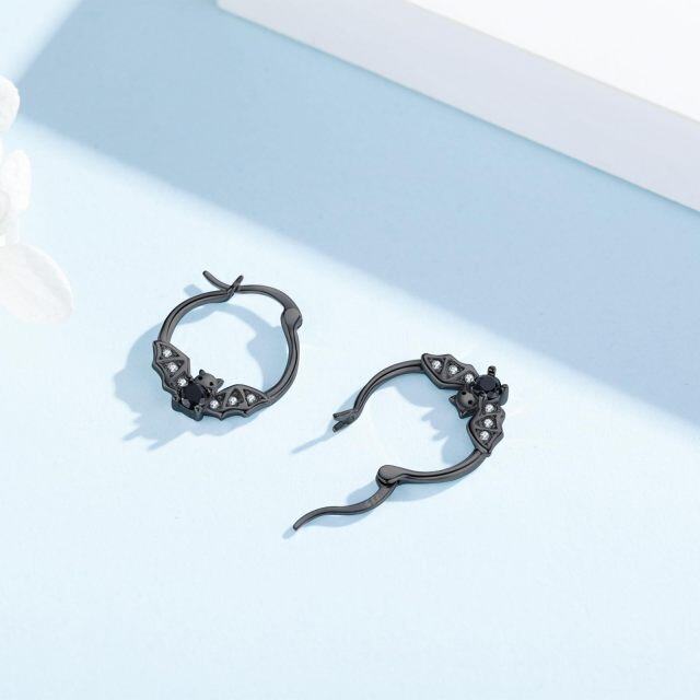 Sterling Silver with Black Color Cubic Zirconia Bat Hoop Earrings-5