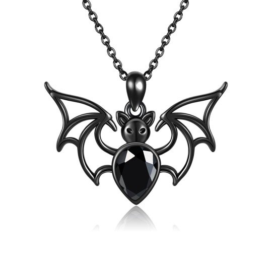 Sterling Silver with Black Color Plated Cubic Zirconia Bat Pendant Necklace