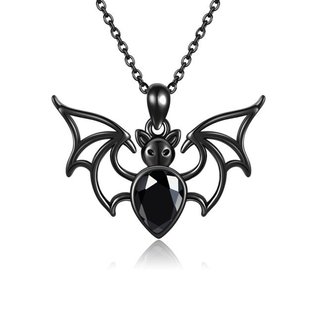 Sterling Silver with Black Color Plated Cubic Zirconia Bat Pendant Necklace-1