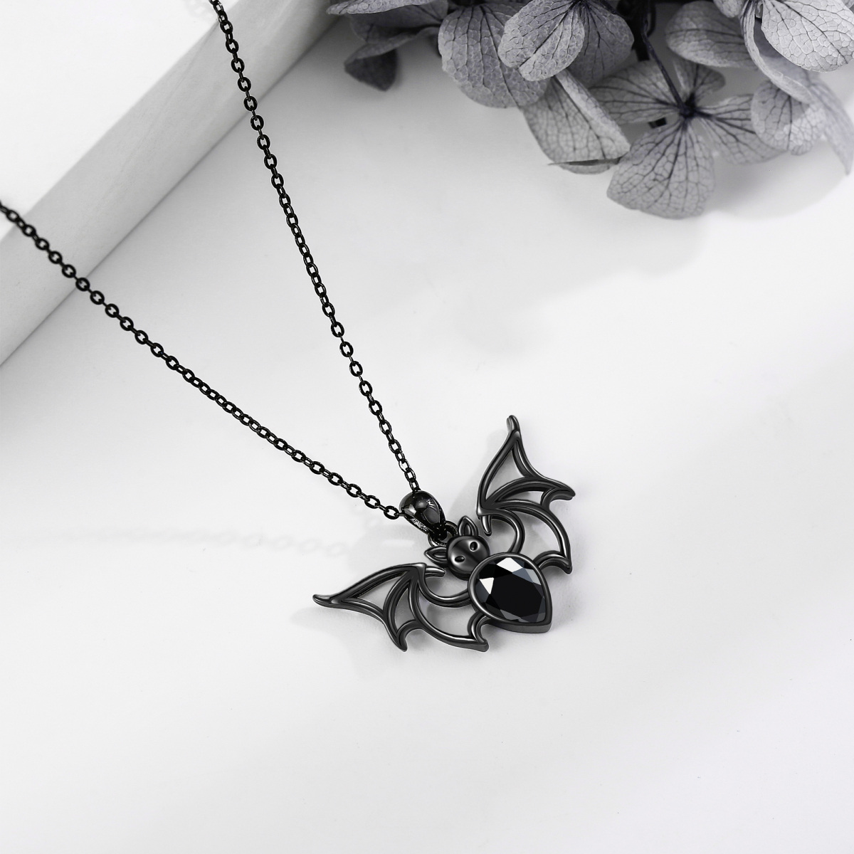 Sterling Silver with Black Color Plated Cubic Zirconia Bat Pendant Necklace-4