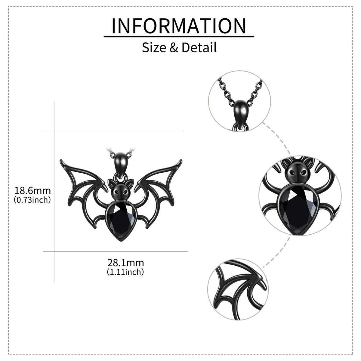 Sterling Silver with Black Color Plated Cubic Zirconia Bat Pendant Necklace-5