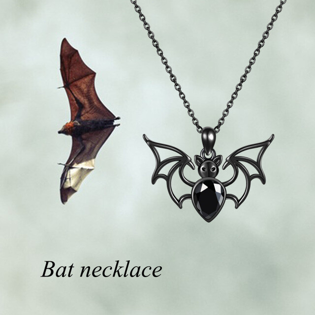 Sterling Silver with Black Color Plated Cubic Zirconia Bat Pendant Necklace-6