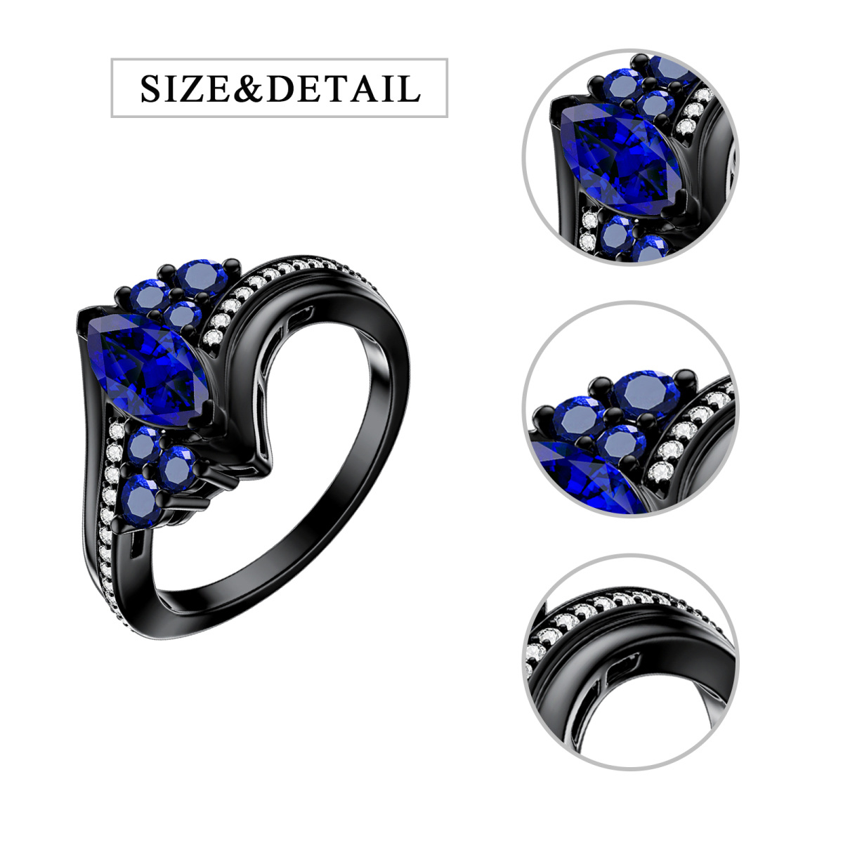 Anello in argento sterling con pietra portafortuna placcata in nero e incisione personalizzata per donna-3