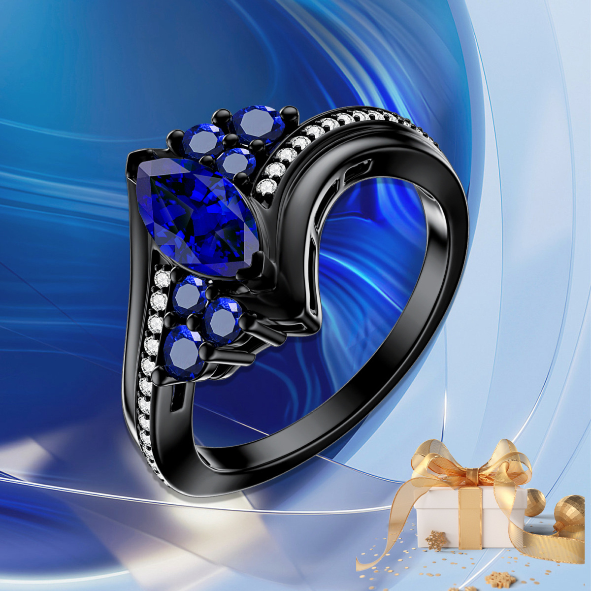 Anillo de plata de ley con piedra natal bañada en color negro y grabado personalizado para mujer-6