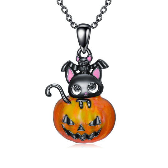 Sterling Silver with Black Color Plated Cat & Pumpkin Pendant Necklace